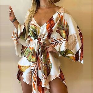 Women's Tropical Print V-neck, Batwing Sleeves Mini Dress. Medium